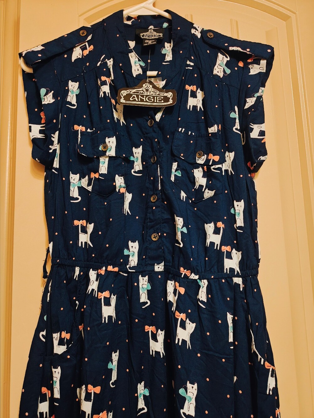 NWT ANGIE Navy cat print mini dress button front elastic Waist Sz M - Picture 7 of 9